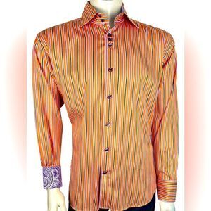 Striking Bertigo Tangerine/Hot Pink/Purple Striped L/S Dress Shirt NWOT Sz 5(XL)